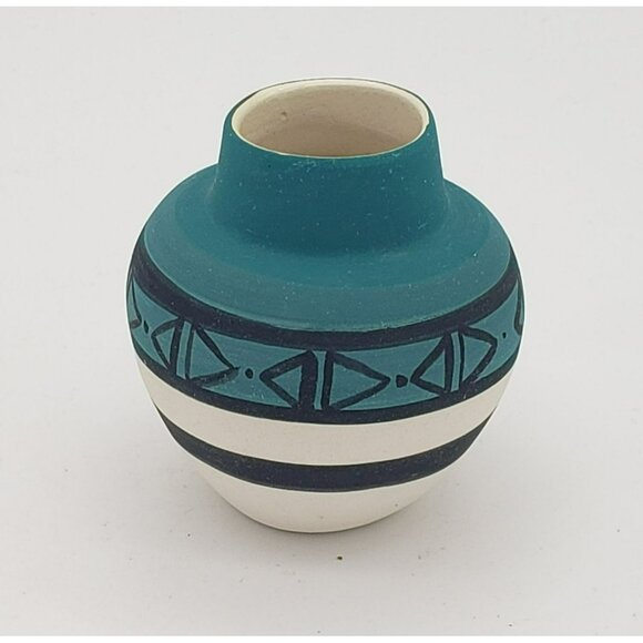 Handmade Pottery Mini Vase 2.5" Teal, Black, & White Design, unsigned - Picture 1 of 5